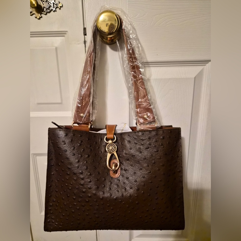 Dooney & Bourke Brown Tmoro Ostrich-Embossed Medium Logo Lock Tote